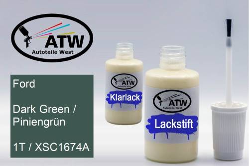 Ford, Dark Green / Piniengrün, 1T / XSC1674A: 20ml Lackstift + 20ml Klarlack - Set, von ATW Autoteile West.